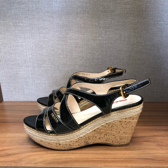 Black Prada Patent leather cork and rope Wedge - Picture 3 of 6